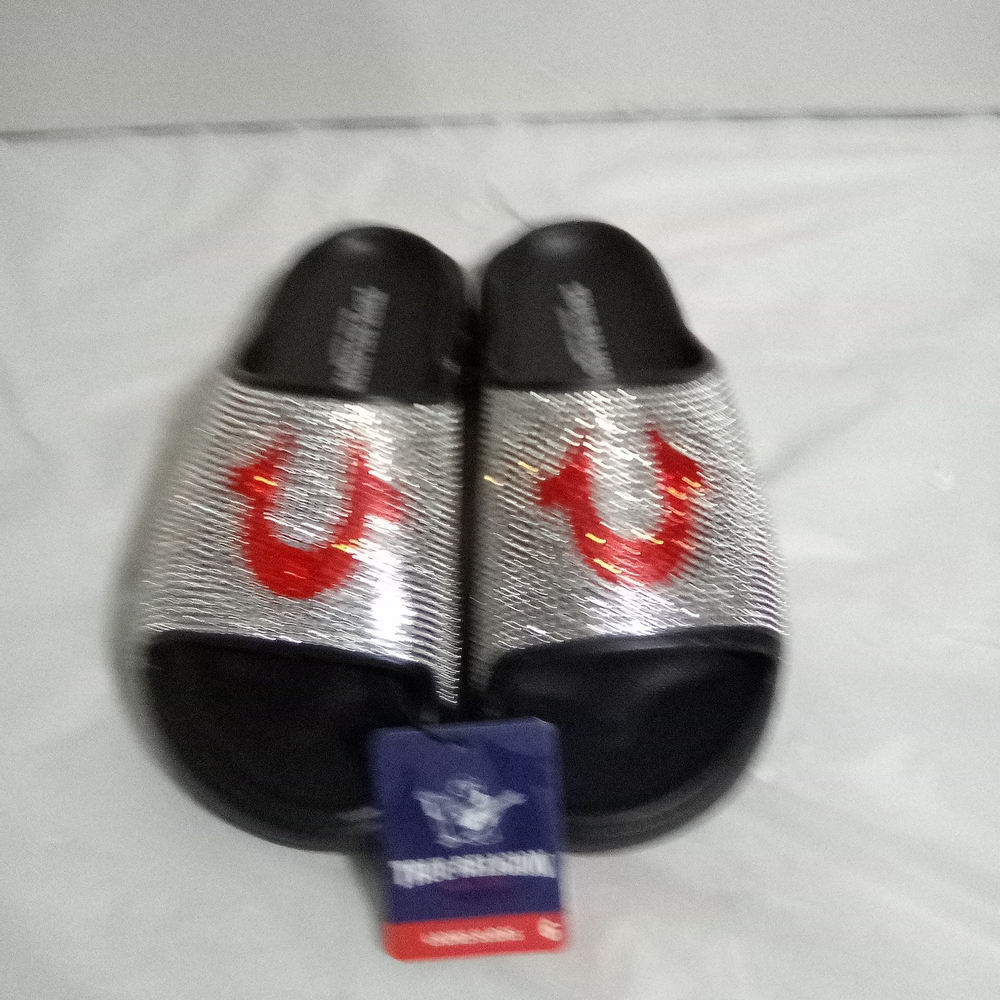 True Religion Black and Silver and Red Blinged Out Slide Sandals